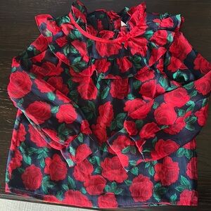 Janie and Jack Vibrant Red and Green Floral Blouse with Ruffled Neckline